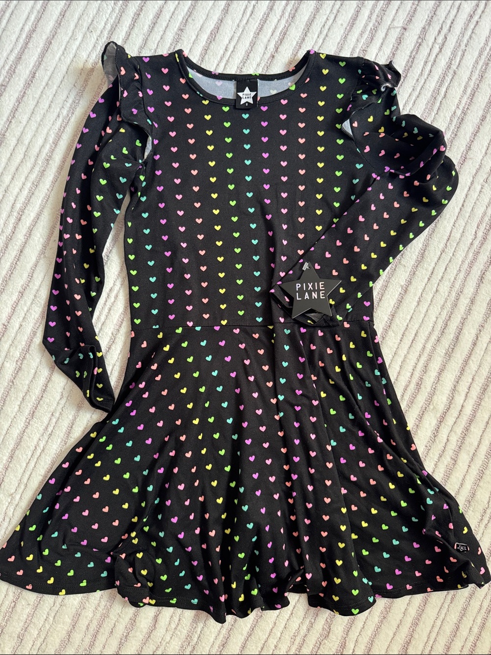 Pixie Lane Girls' Black Long-Sleeve Rainbow Heart Simply Soft Skater Dress